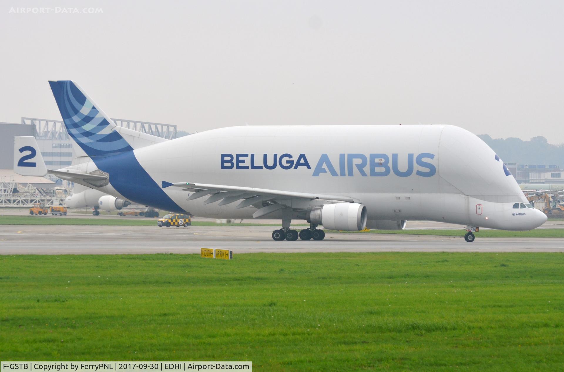 F-GSTB, 1996 Airbus A300B4-608ST Super Transporter C/N 751, Beluga 2 entering the runway for a backtrack prior to departure.