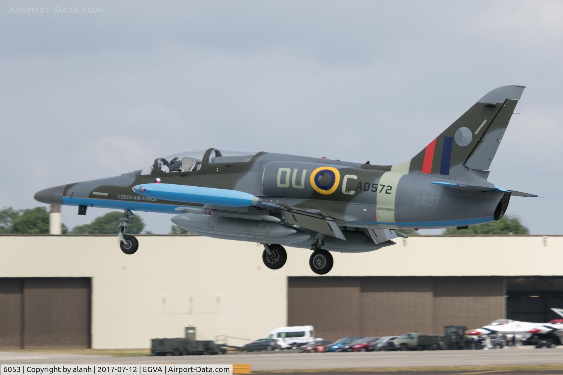 6053, Aero L-159A ALCA C/N 156053, Arriving at Fairford for RIAT 2017 wearing a WWII RAF Czech squadron Spitfire scheme. Roundel centre was applied for static display only.