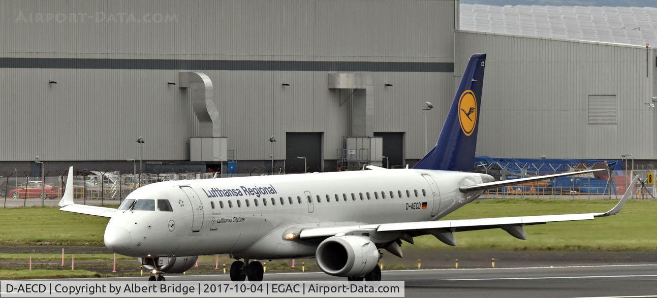 D-AECD, 2010 Embraer 190LR (ERJ-190-100LR) C/N 19000337, Belfast City.   D-AECD arriving with a football charter from Frankfurt.