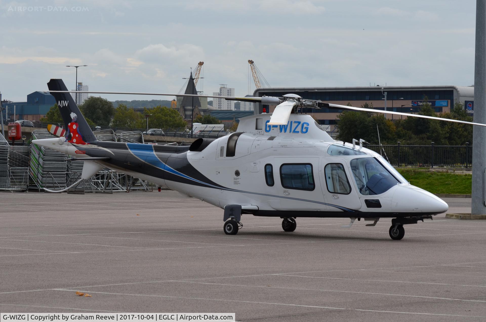 G-WIZG, 2001 AgustaWestland AW-109E Power C/N 11123, Parked at the ExCel Centre London, for Helitech 2017.