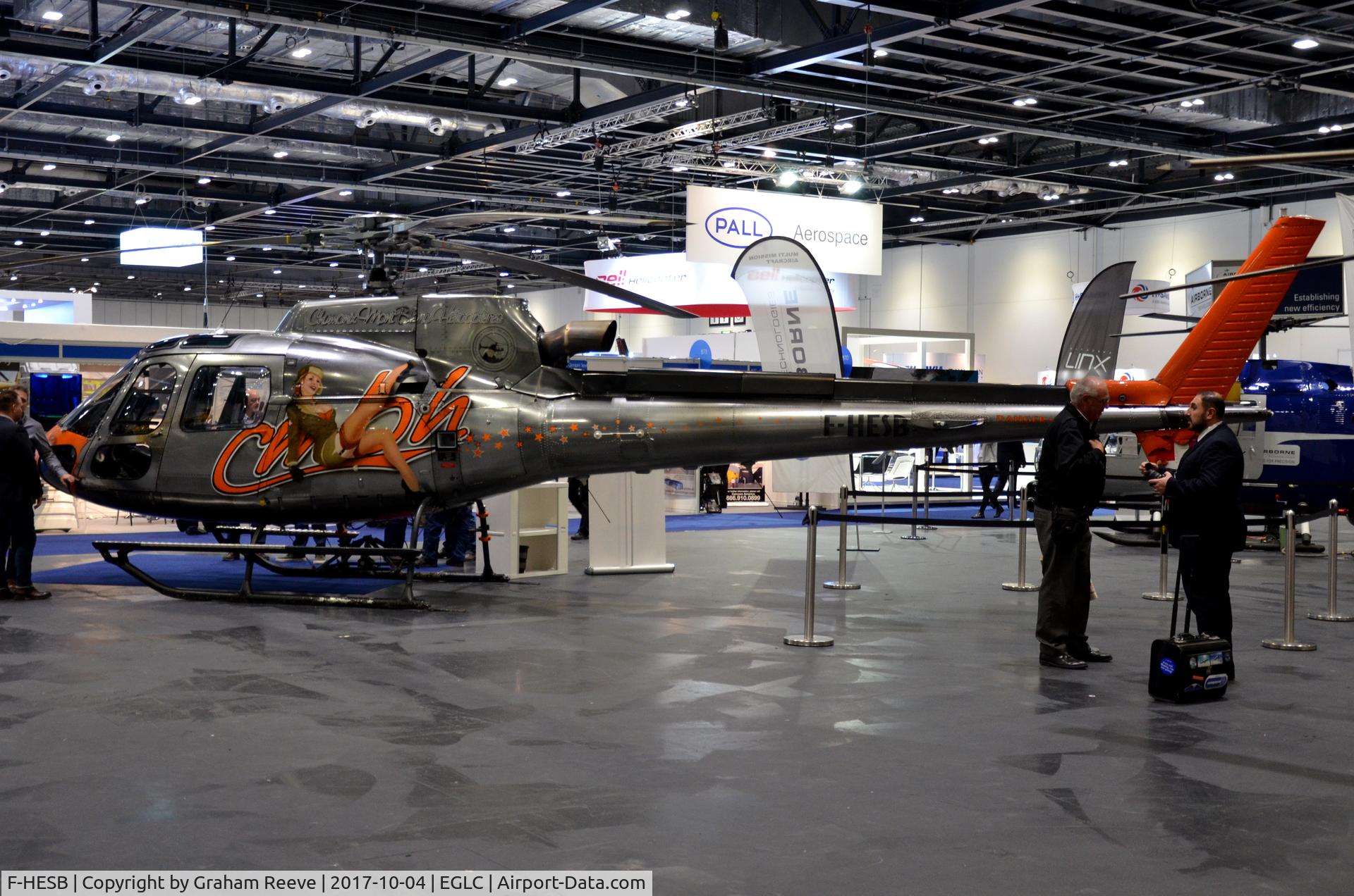 F-HESB, Eurocopter AS-350B-3 Ecureuil Ecureuil C/N 7259, Parked inside the ExCel Centre, London, for Helitech 2017.