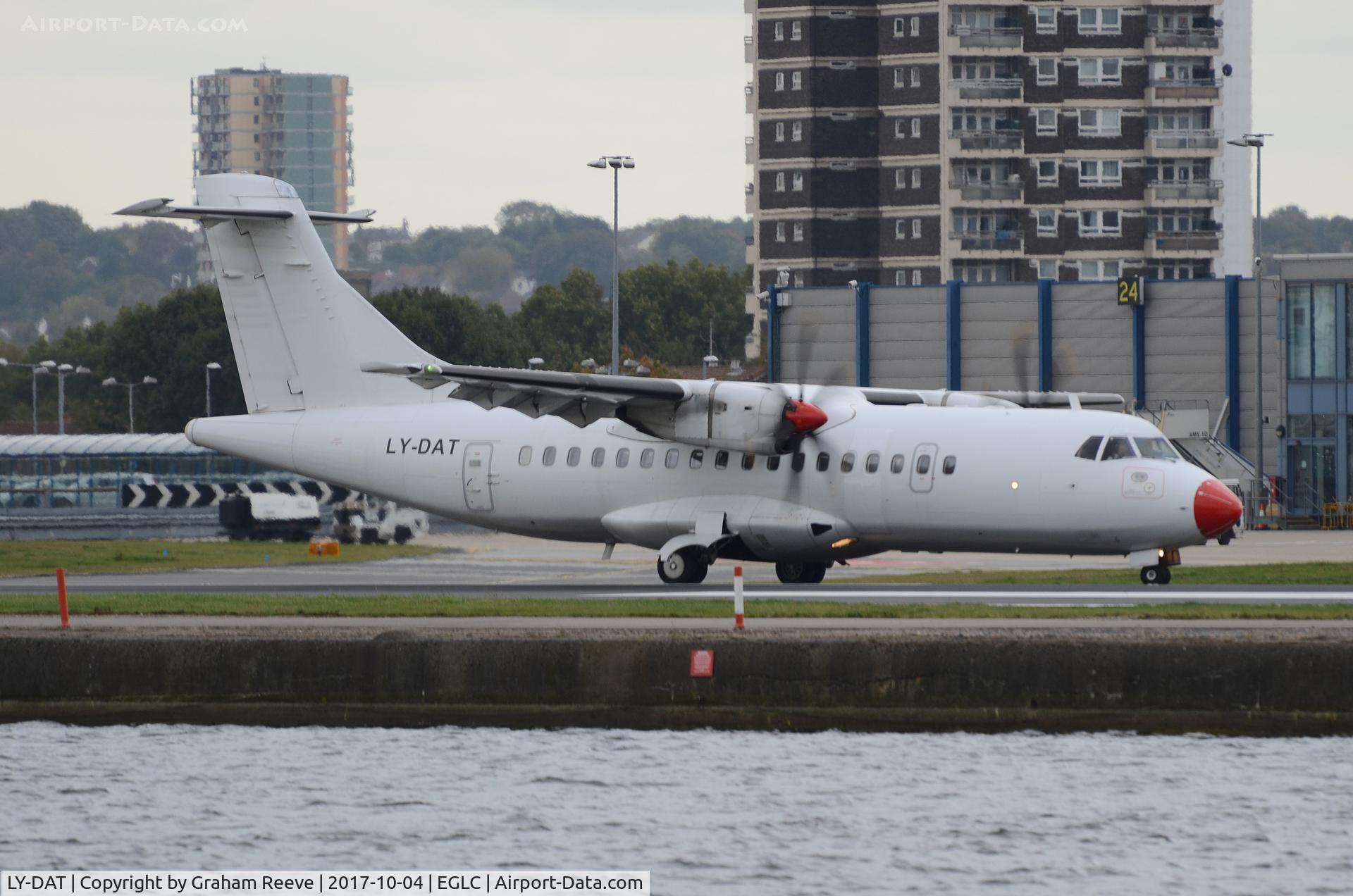 LY-DAT, 1994 ATR 42-500 C/N 445, Just landed at London City Airport.