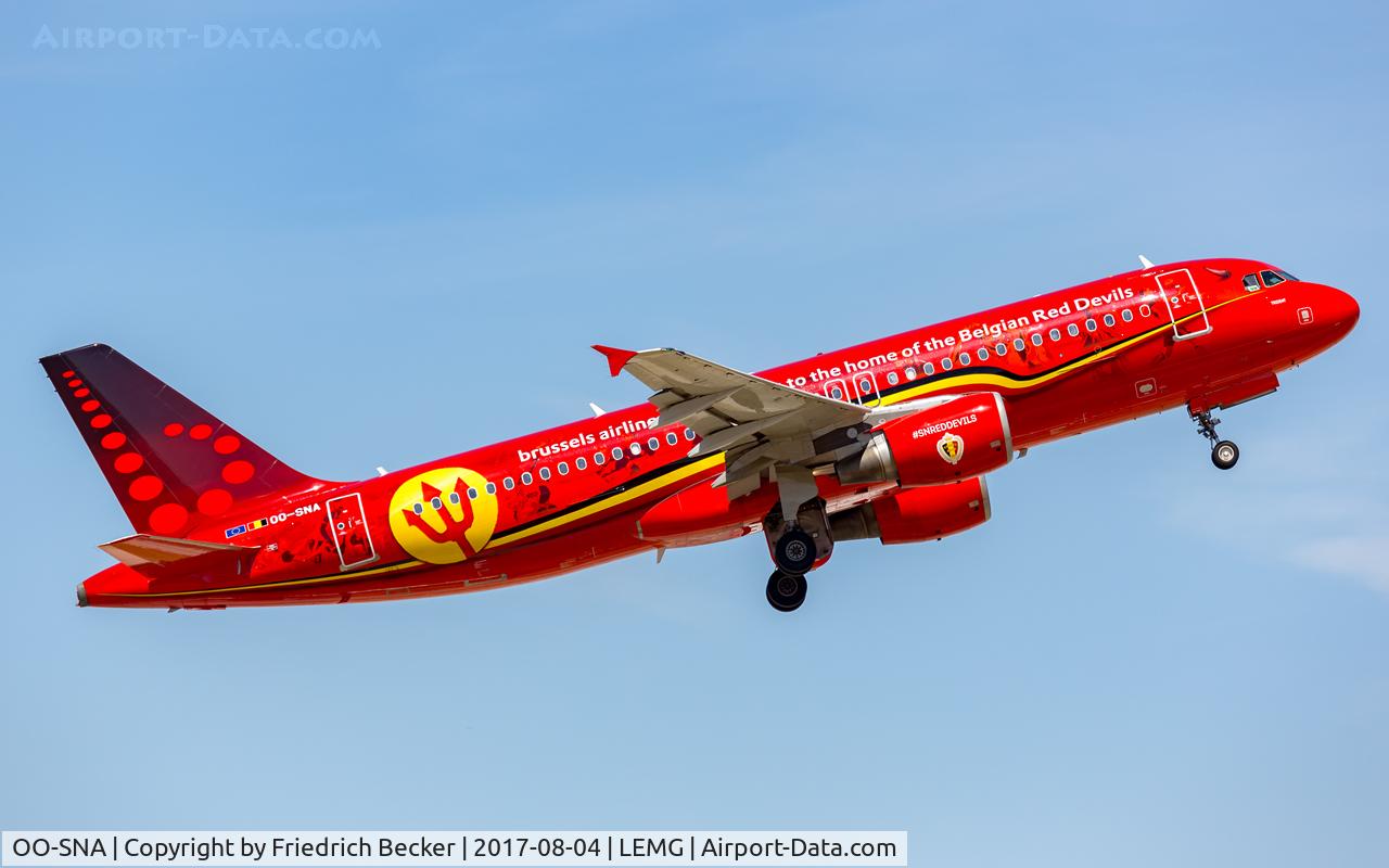 OO-SNA, 2001 Airbus A320-214 C/N 1441, departure from Malaga