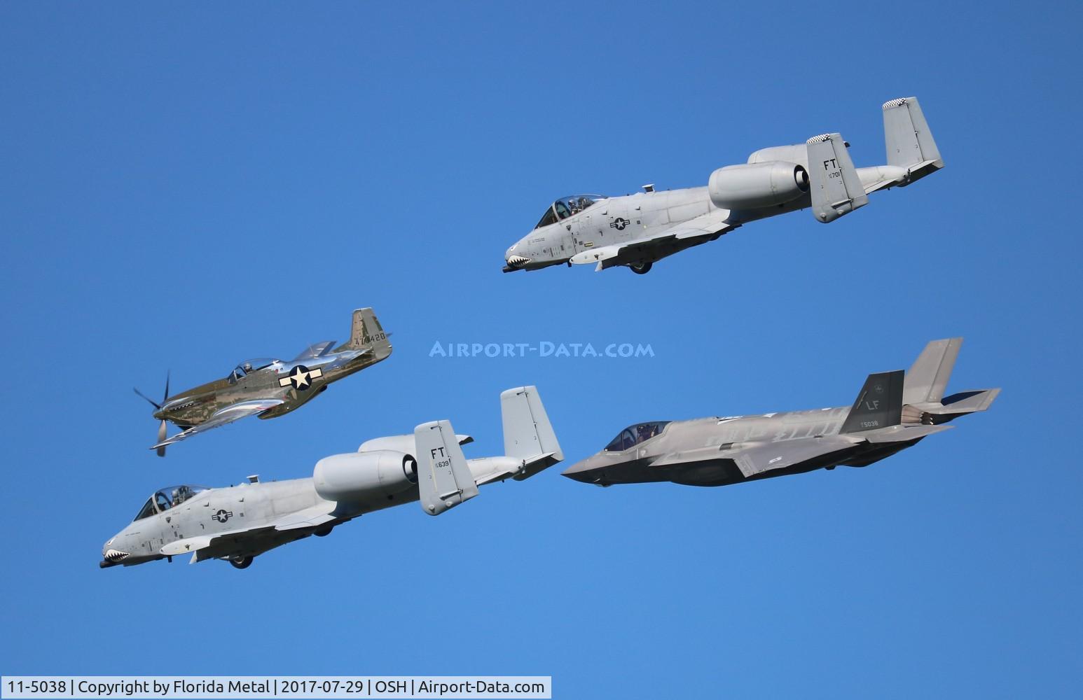 11-5038, 2011 Lockheed Martin F-35A Lightning II C/N AF-49, F-35 with 2 A-10s and a P-51