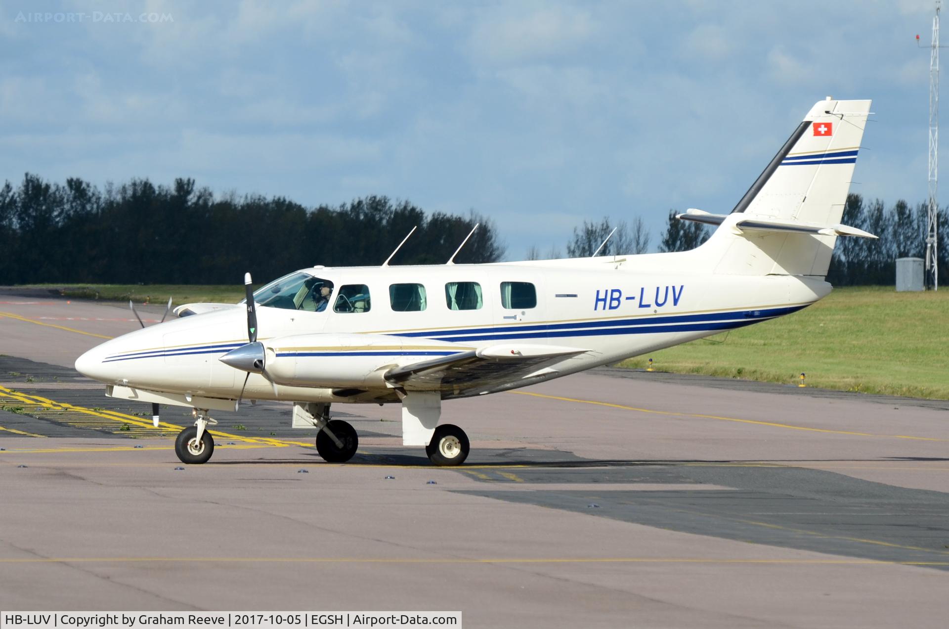 HB-LUV, 1981 Cessna T303 Crusader C/N T30300058, Just landed at Norwich.