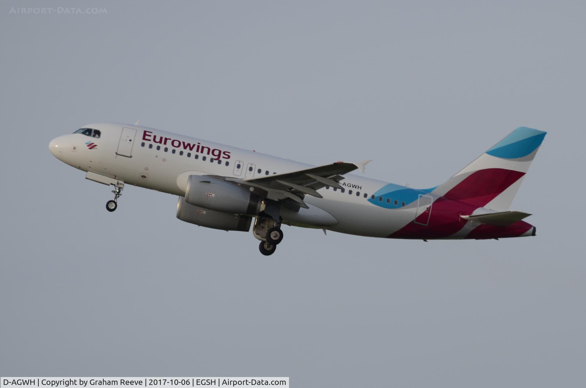 D-AGWH, 2007 Airbus A319-132 C/N 3352, Departing from Norwich.
