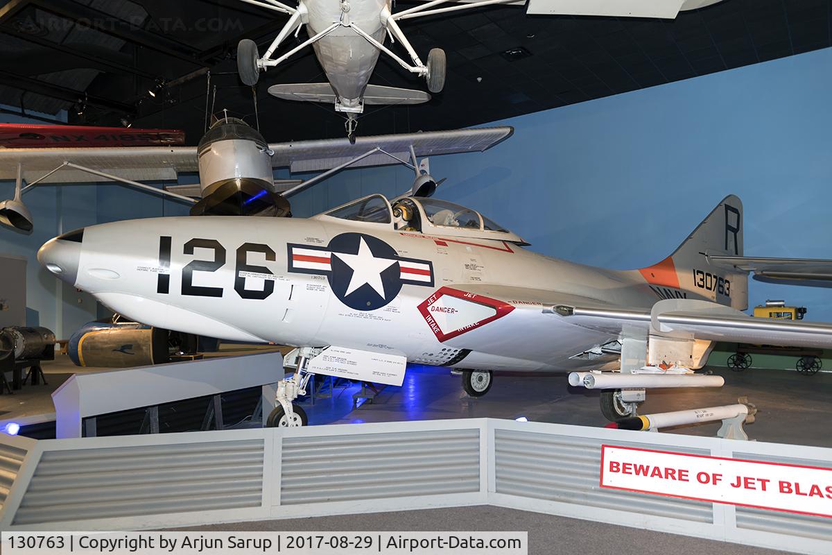 130763, Grumman F9F-7 Cougar, On display at the Cradle of Aviation Museum.  Successor to the F9F Panther, this F9F-7 was one of 168 built that was powered by the Allison J33 engine.  Most of these were refitted with the Pratt & Whitney J48 and redesignated as F-9H.