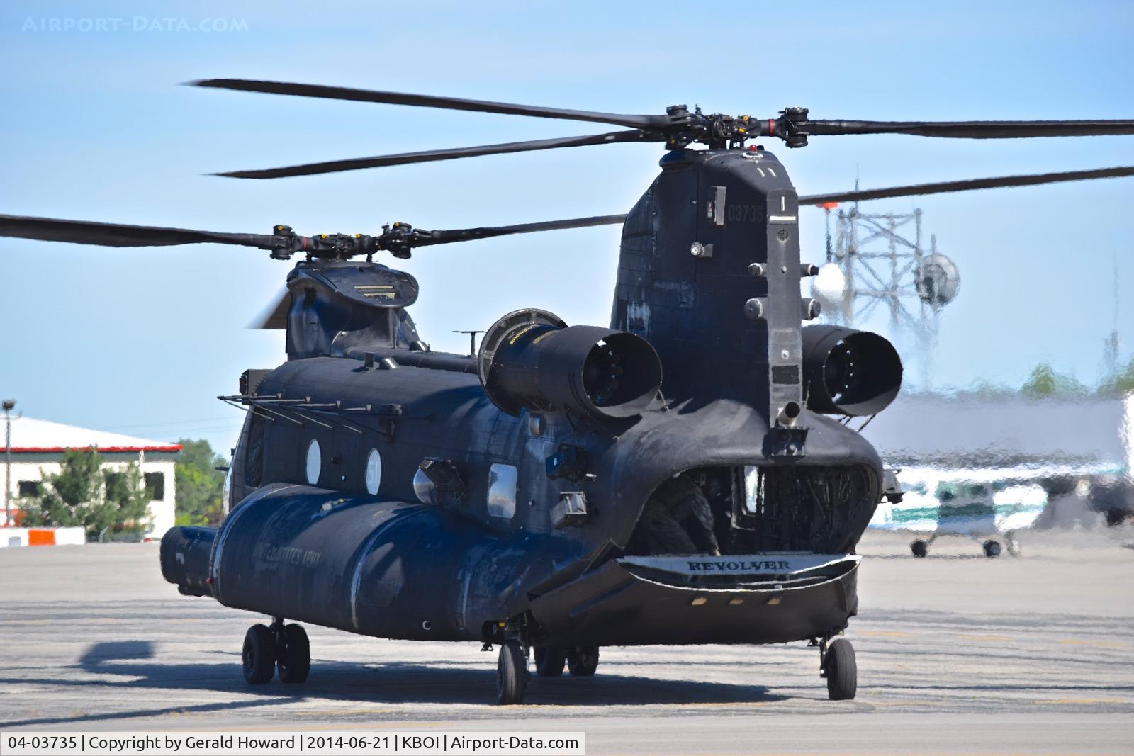 04-03735, 2004 Boeing Vertol MH-47G Chinook C/N M.3735, Taxiing to the north GA ramp. 160th SOAR. This aircraft was a rebuild of CH-47D #82-23774.