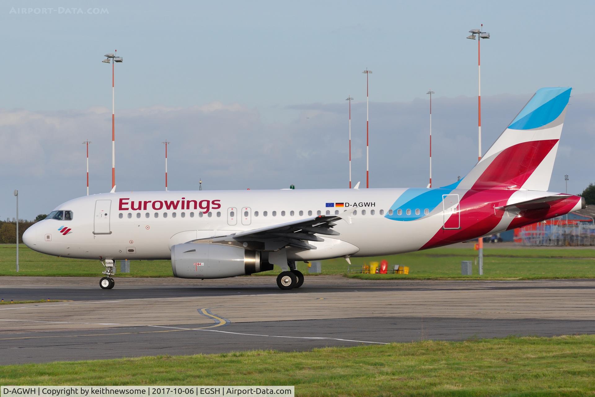 D-AGWH, 2007 Airbus A319-132 C/N 3352, Leaving Norwich.