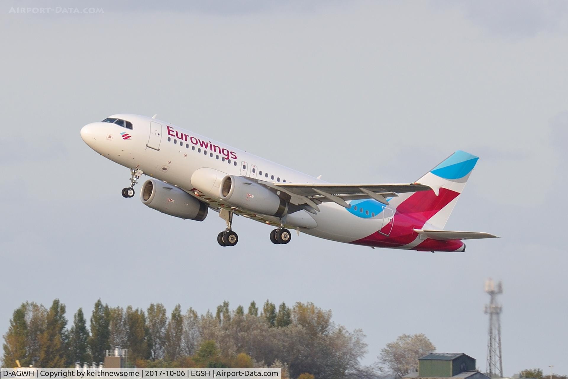 D-AGWH, 2007 Airbus A319-132 C/N 3352, Leaving Norwich.