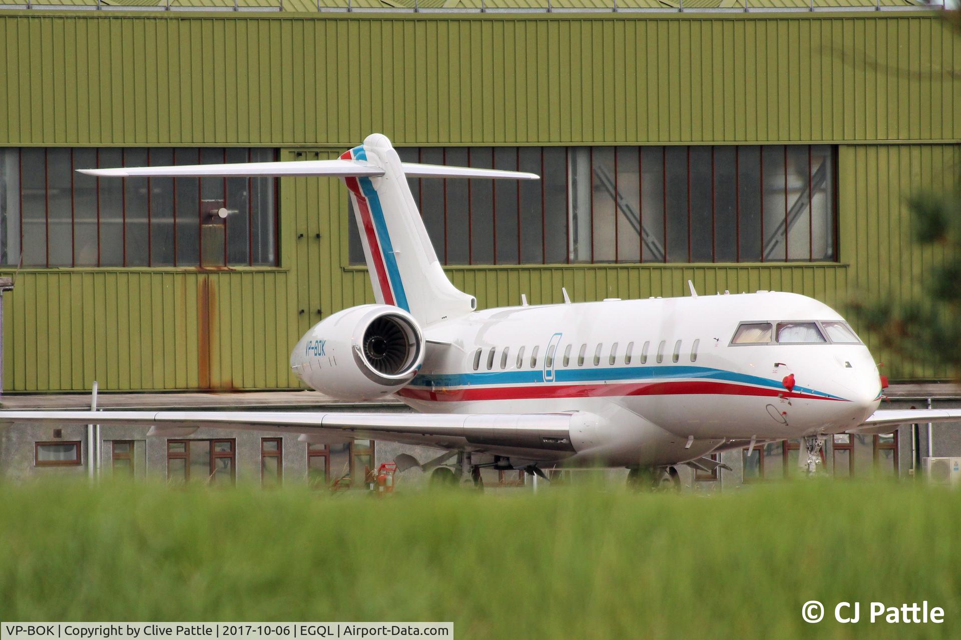 VP-BOK, 2012 Bombardier BD 700-1A10 Global 6000 C/N 9505, Pictured on the ramp at the former RAF Leuchars, for the nearby Dunhill Links Golf Championships at St Andrews.