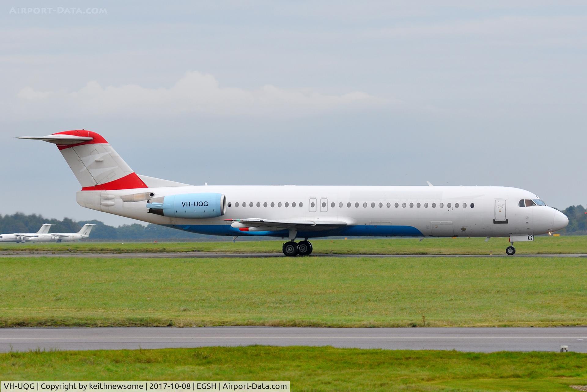 VH-UQG, 1993 Fokker 100 (F-28-0100) C/N 11446, Arriving at Norwich, formerly OE-LVC, for Alliance Airlines.