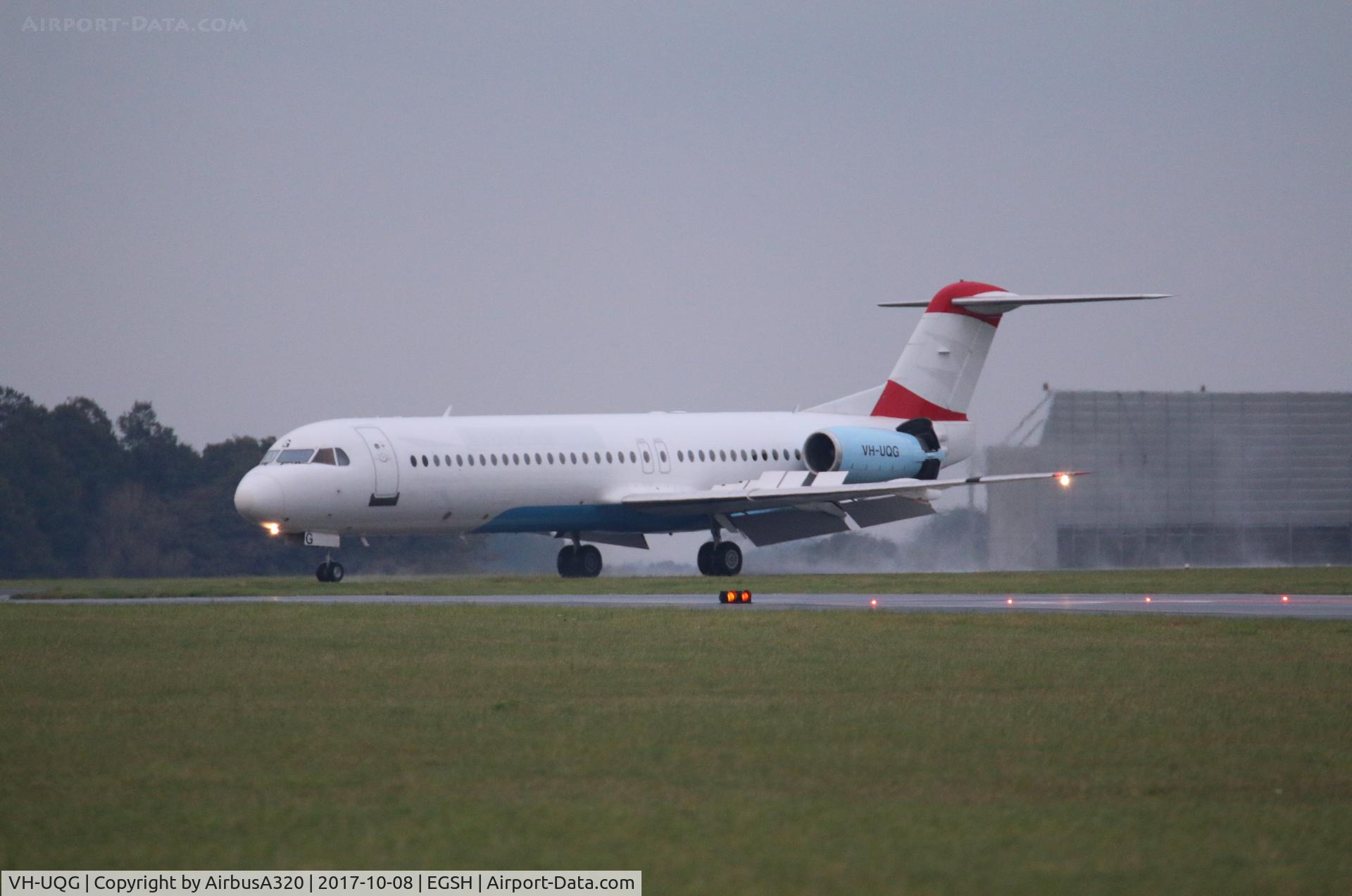 VH-UQG, 1993 Fokker 100 (F-28-0100) C/N 11446, Former Austrian Airlines OE-LVC Fokker 100 arrived at Norwich today still in part Austrian livery She is due for Alliance Airlines as VH-UQC and flew in from Bratislava where it had been stored some time