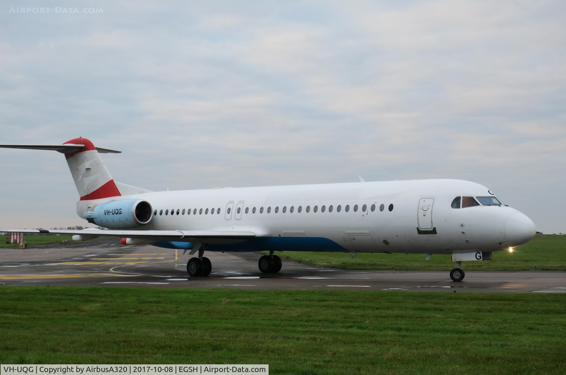VH-UQG, 1993 Fokker 100 (F-28-0100) C/N 11446, Former Austrian Airlines OE-LVC Fokker 100 arrived at Norwich today still in part Austrian livery She is due for Alliance Airlines as VH-UQC and flew in from Bratislava where it had been stored some time