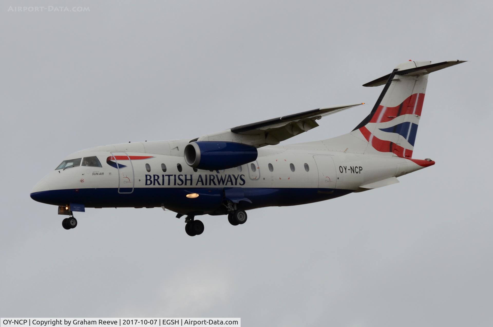OY-NCP, 2002 Fairchild Dornier 328-310 328JET C/N 3219, Landing at Norwich.