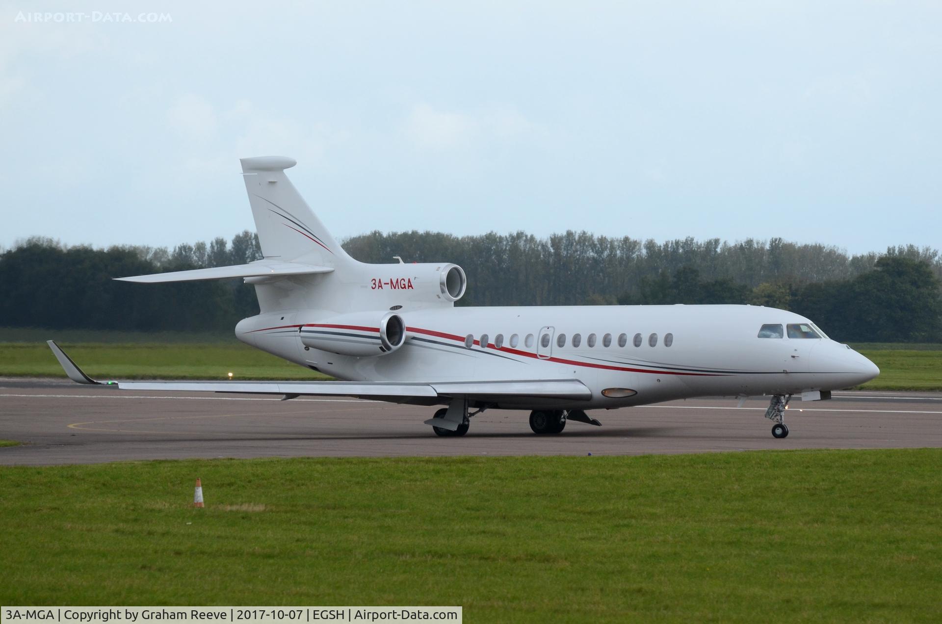 3A-MGA, 2013 Dassault Falcon 900EX C/N 195, About to depart from Norwich.