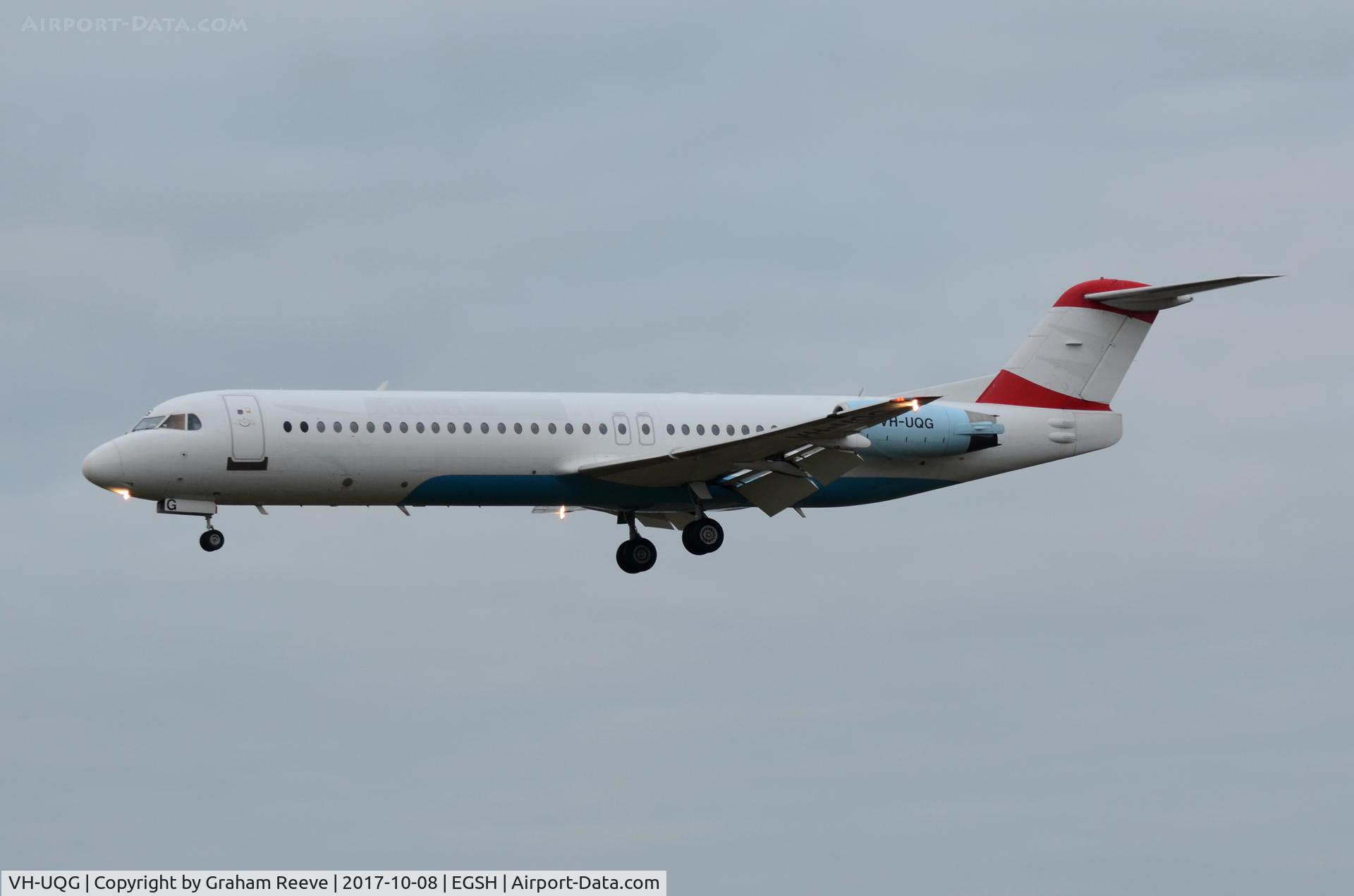 VH-UQG, 1993 Fokker 100 (F-28-0100) C/N 11446, Landing at Norwich.