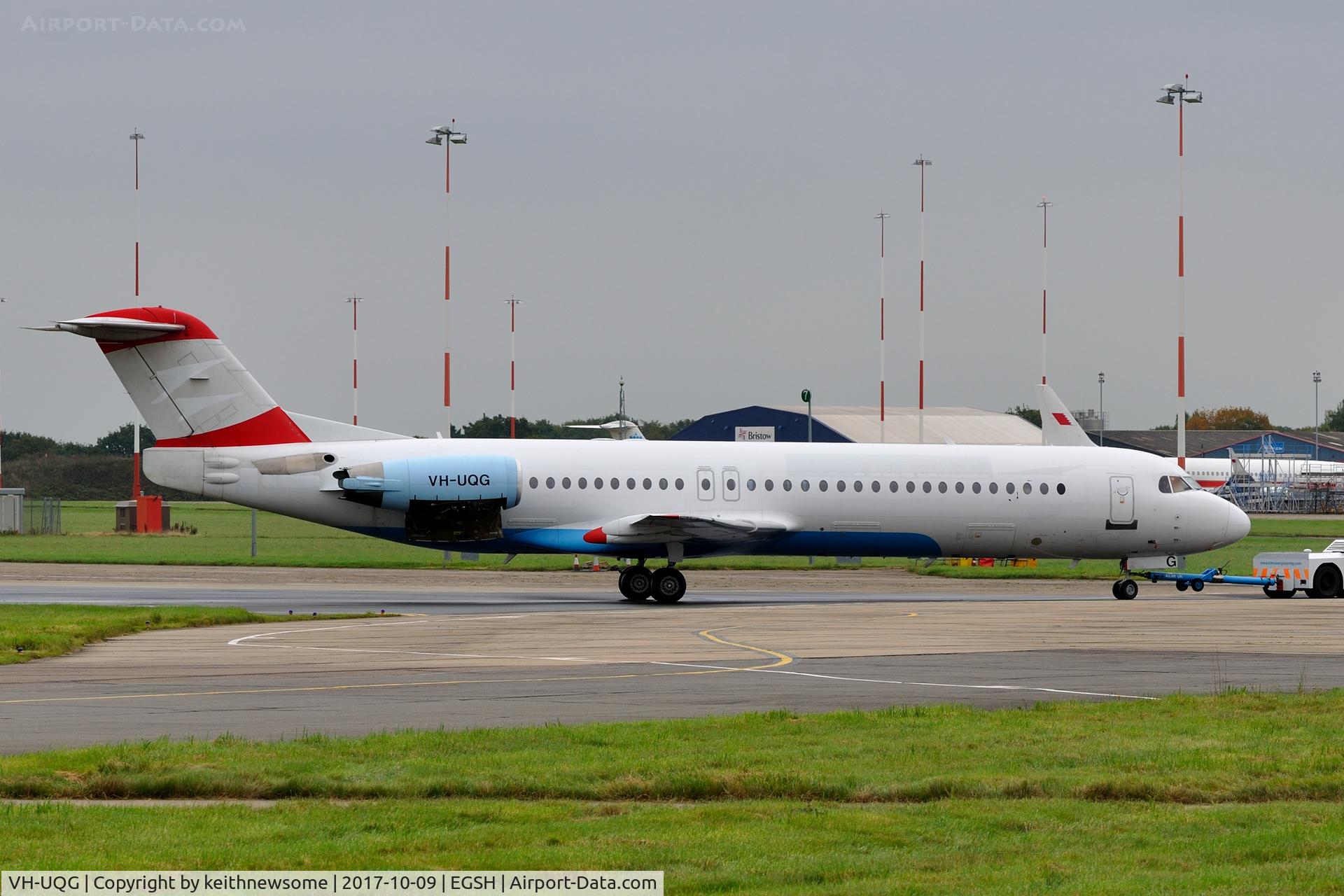 VH-UQG, 1993 Fokker 100 (F-28-0100) C/N 11446, Returning from engine runs with cowling unlatched.
