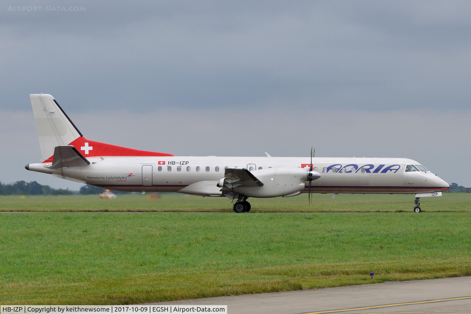 HB-IZP, 1996 Saab 2000 C/N 2000-031, Arriving at Norwich with re-worked titles.