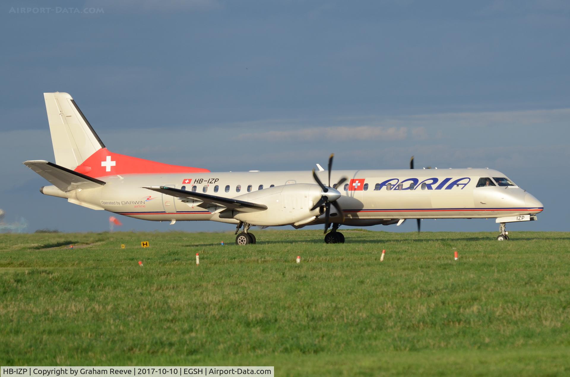 HB-IZP, 1996 Saab 2000 C/N 2000-031, Just landed at Norwich.