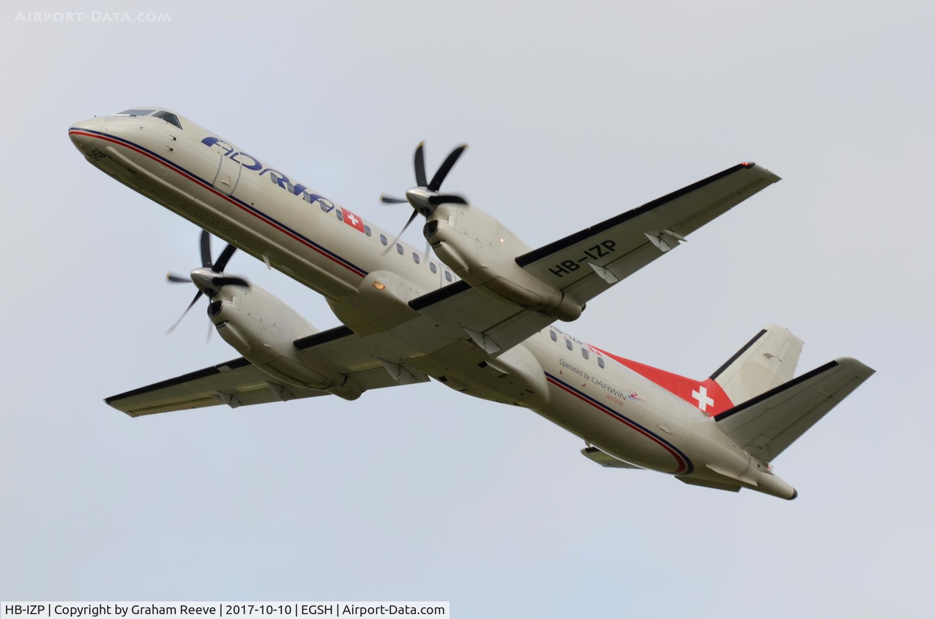 HB-IZP, 1996 Saab 2000 C/N 2000-031, Departing from Norwich.
