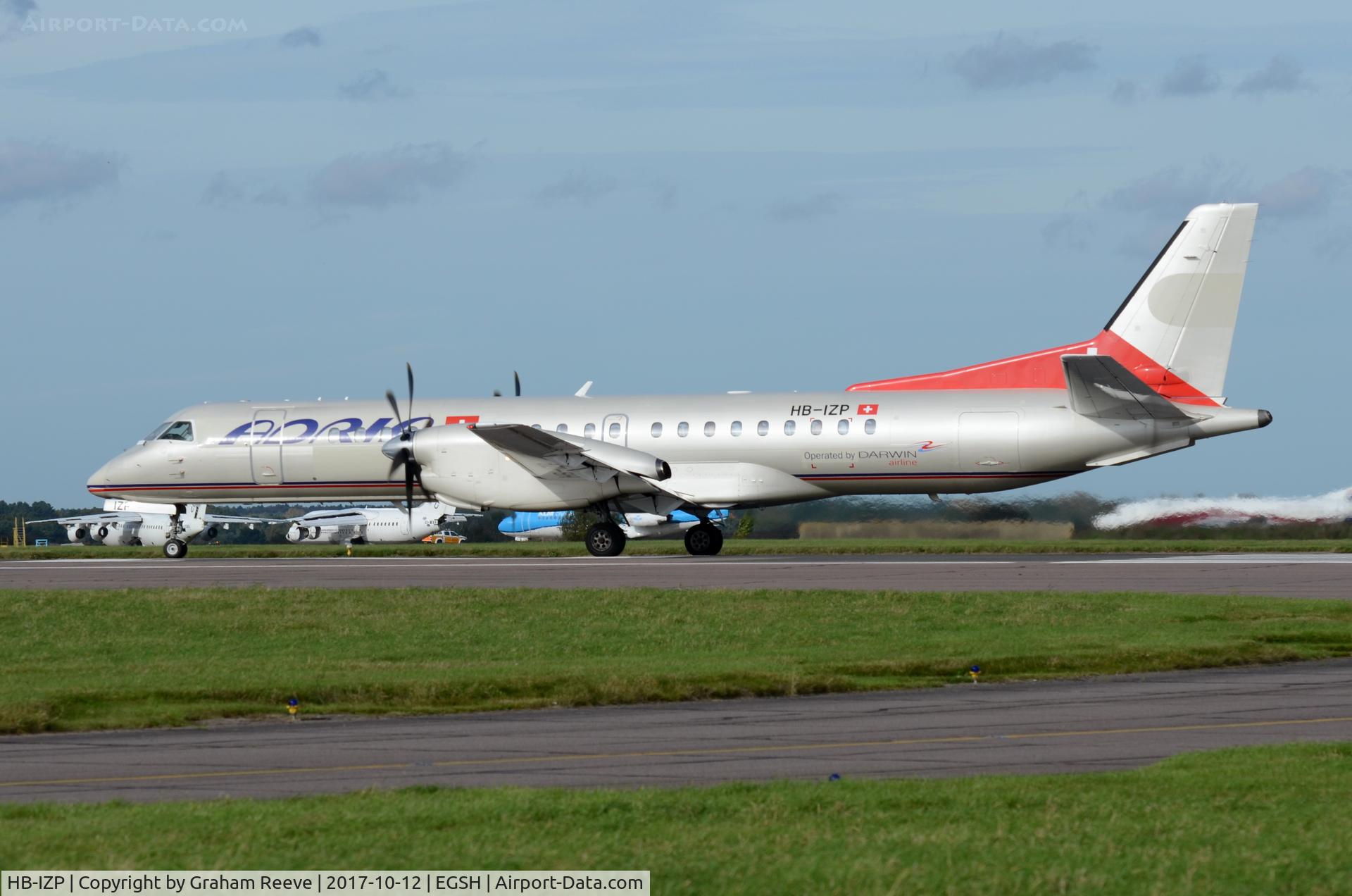 HB-IZP, 1996 Saab 2000 C/N 2000-031, About to depart from Norwich.