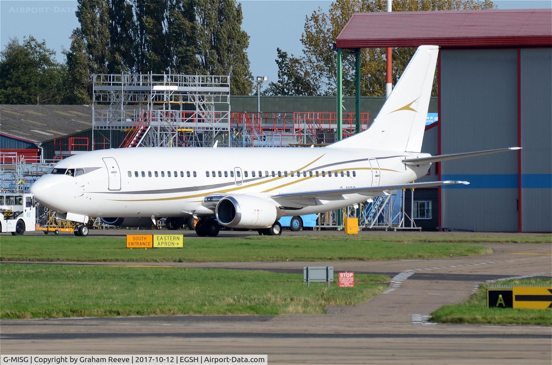 G-MISG, 1995 Boeing 737-3L9 C/N 27833, Under tow at Norwich.