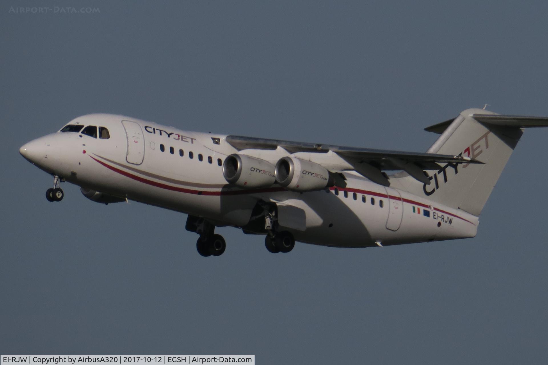 EI-RJW, 2000 British Aerospace Avro 146-RJ85A C/N E2371, Taking off from 27 Norwich following work with KLM engineering