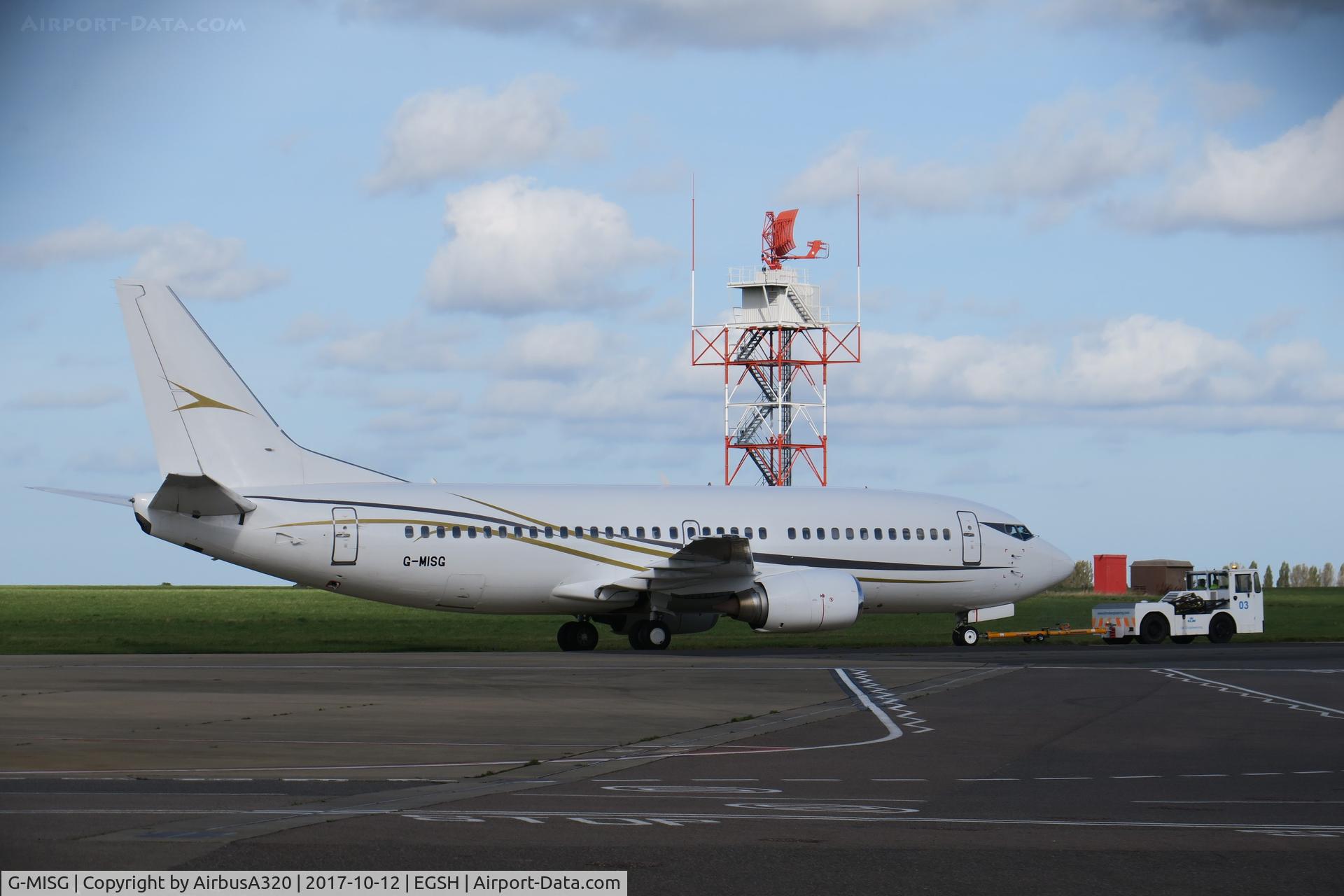 G-MISG, 1995 Boeing 737-3L9 C/N 27833, Being towed back from an engine run 
Operated by Cello Aviation Birmingham
New to Maersk Air as OY-MAR operated by  Deutsche BA D-ADBJ, GB Airways,BMI Baby as G-OGBD over the years