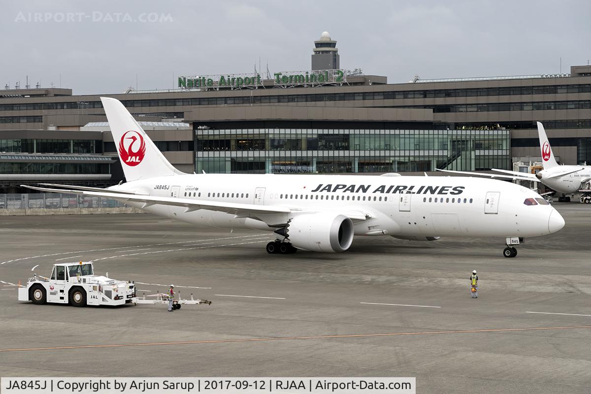 JA845J, 2016 Boeing 787-8 Dreamliner C/N 34857, All set for departure from Narita Terminal 2.
