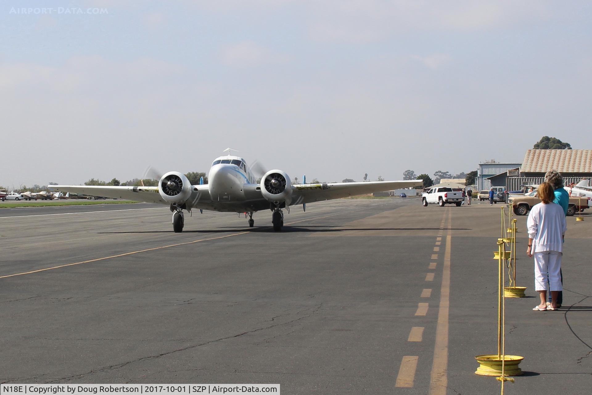 N18E, 1958 Beech E18S C/N BA-383, 1958 Beech SUPER E18S, two P&W R-985 450 Hp Wasp Jr. radials, taxi back after landing