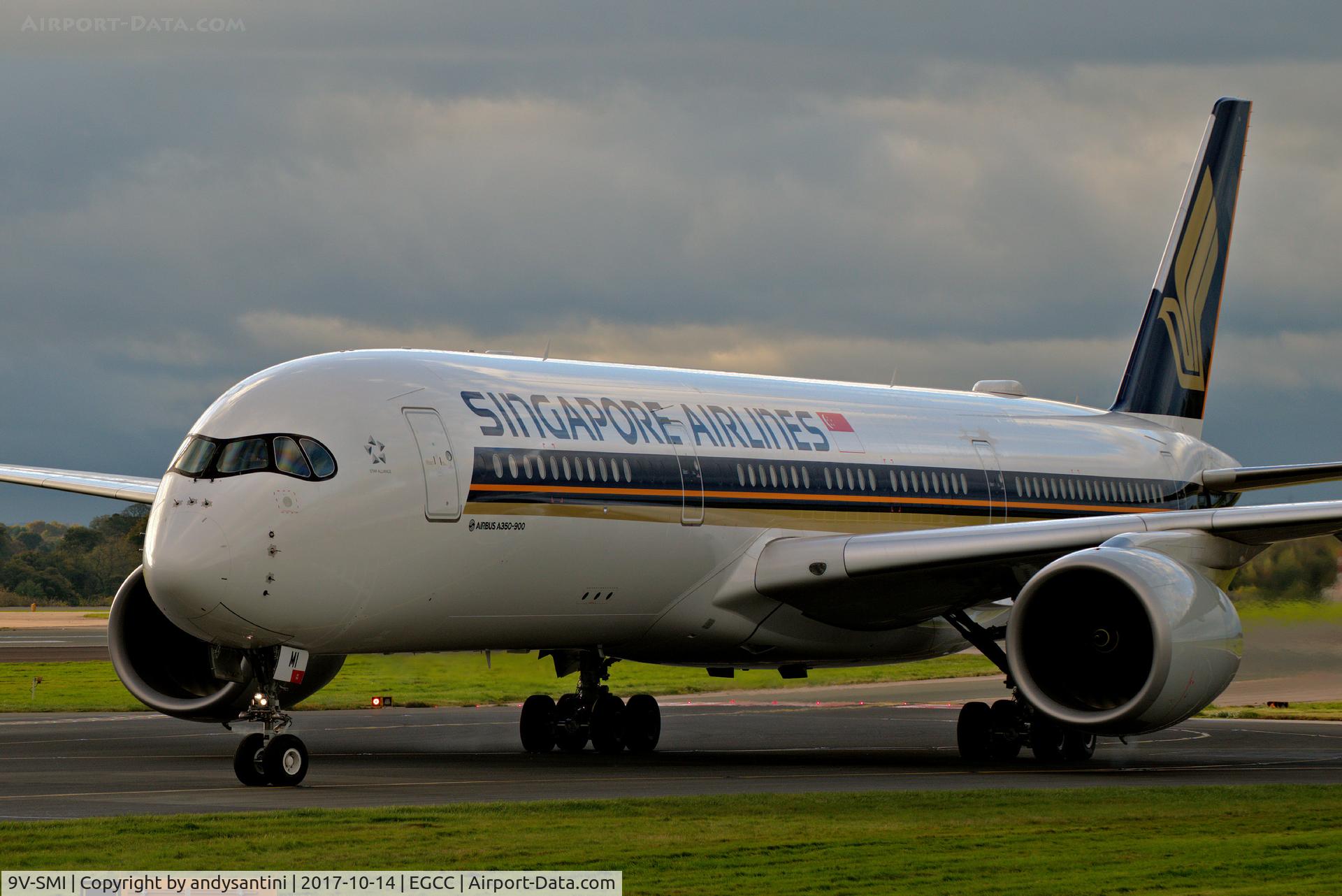 9V-SMI, 2016 Airbus A350-941 C/N 077, taxing in to its gate/stand.