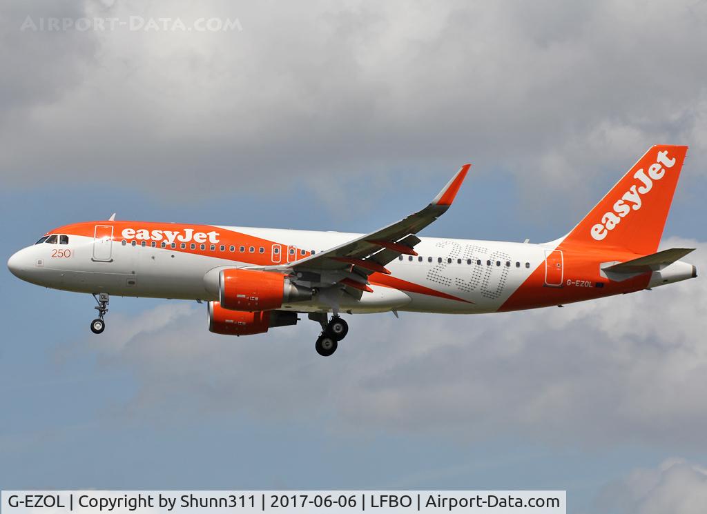 G-EZOL, 2015 Airbus A320-214 C/N 6572, Landing rwy 32L with additional '250' titles to promote the 250th Airbus in the EZY fleet