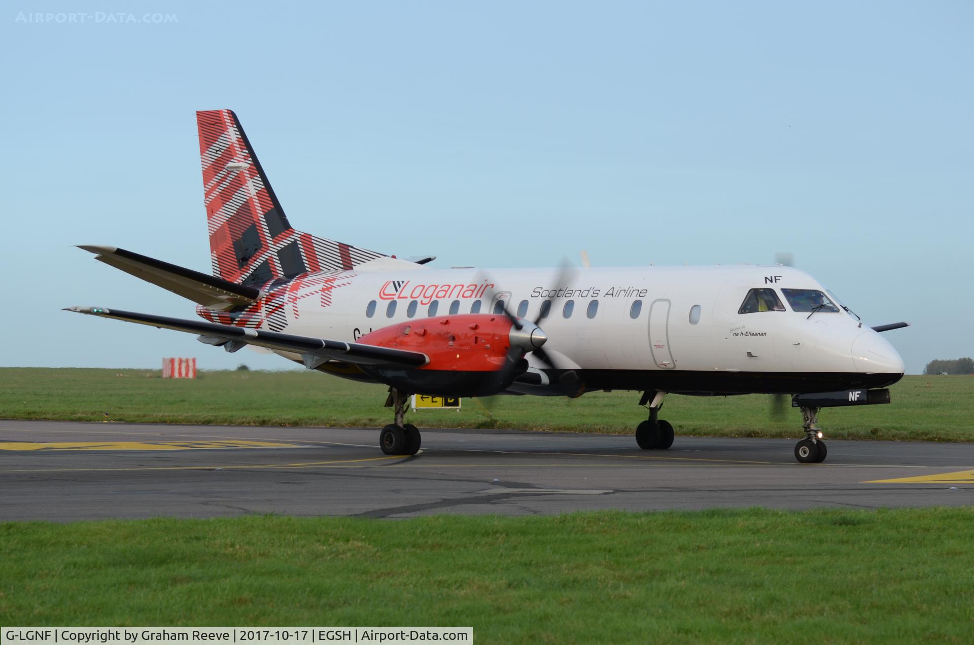 G-LGNF, 1990 Saab SF340B C/N 340B-192, Just landed at Norwich.