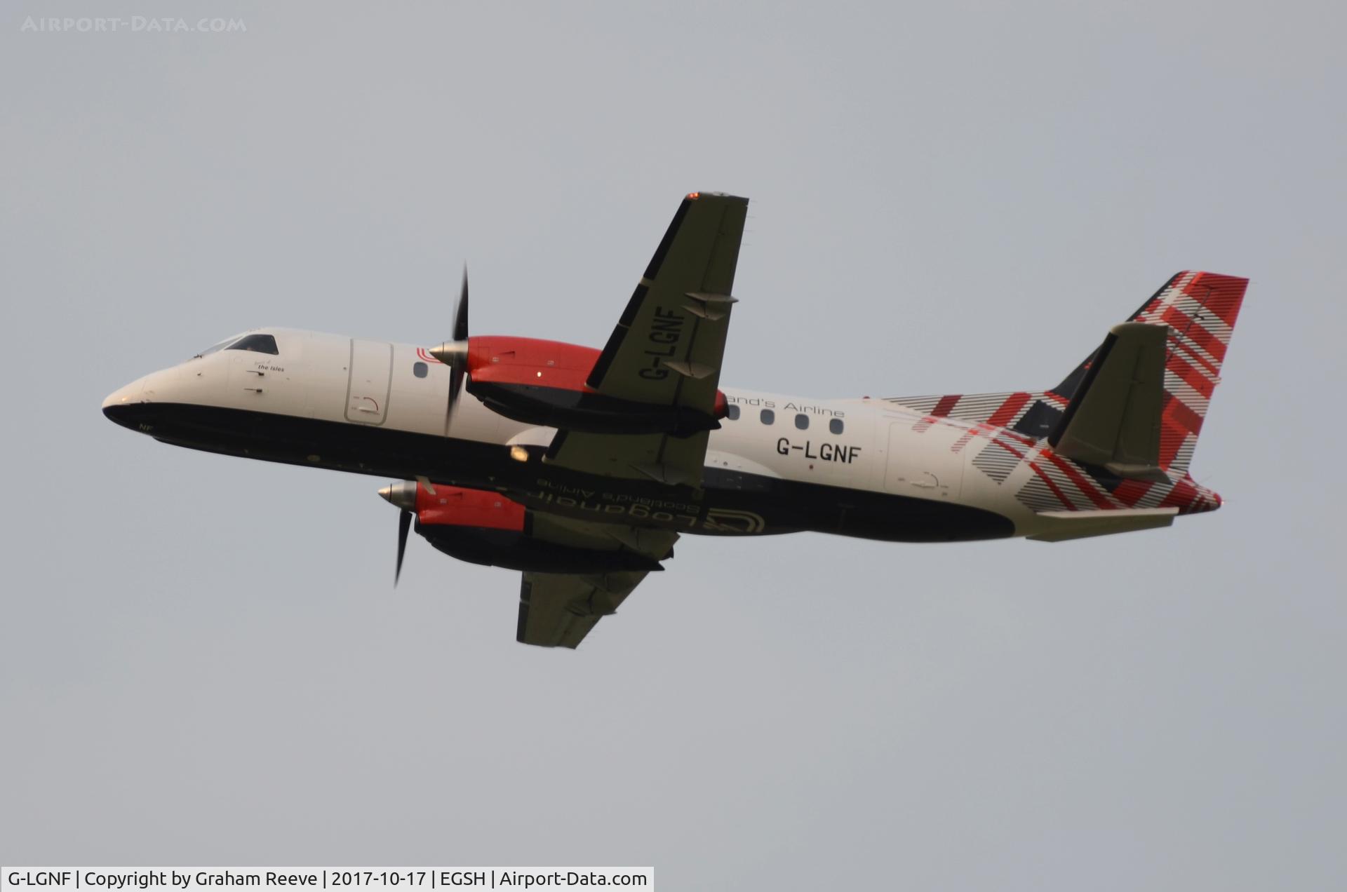 G-LGNF, 1990 Saab SF340B C/N 340B-192, Departing from Norwich.