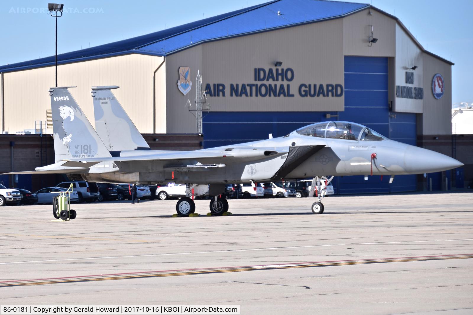 86-0181, 1986 McDonnell Douglas F-15D Eagle C/N 0990/D061, Parked on the Idaho ANG ramp. 173rd Fighter Wing, Oregon ANG.