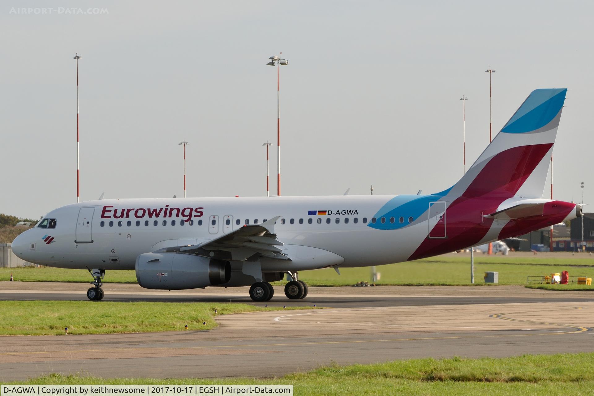D-AGWA, 2006 Airbus A319-132 C/N 2813, Leaving Norwich with Eurowings colour scheme.