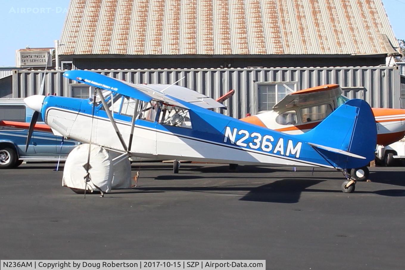 N236AM, 2006 Aviat A-1B Husky C/N 2360, 2006 Aviat A1B HUSKY, Lycoming O-360-A1P 180 Hp. Four psi tundra tires. Wing Micro vortex generators. I also photographed this aircraft at Z41 Lake Hood strip, Alaska in 2007, which see here.