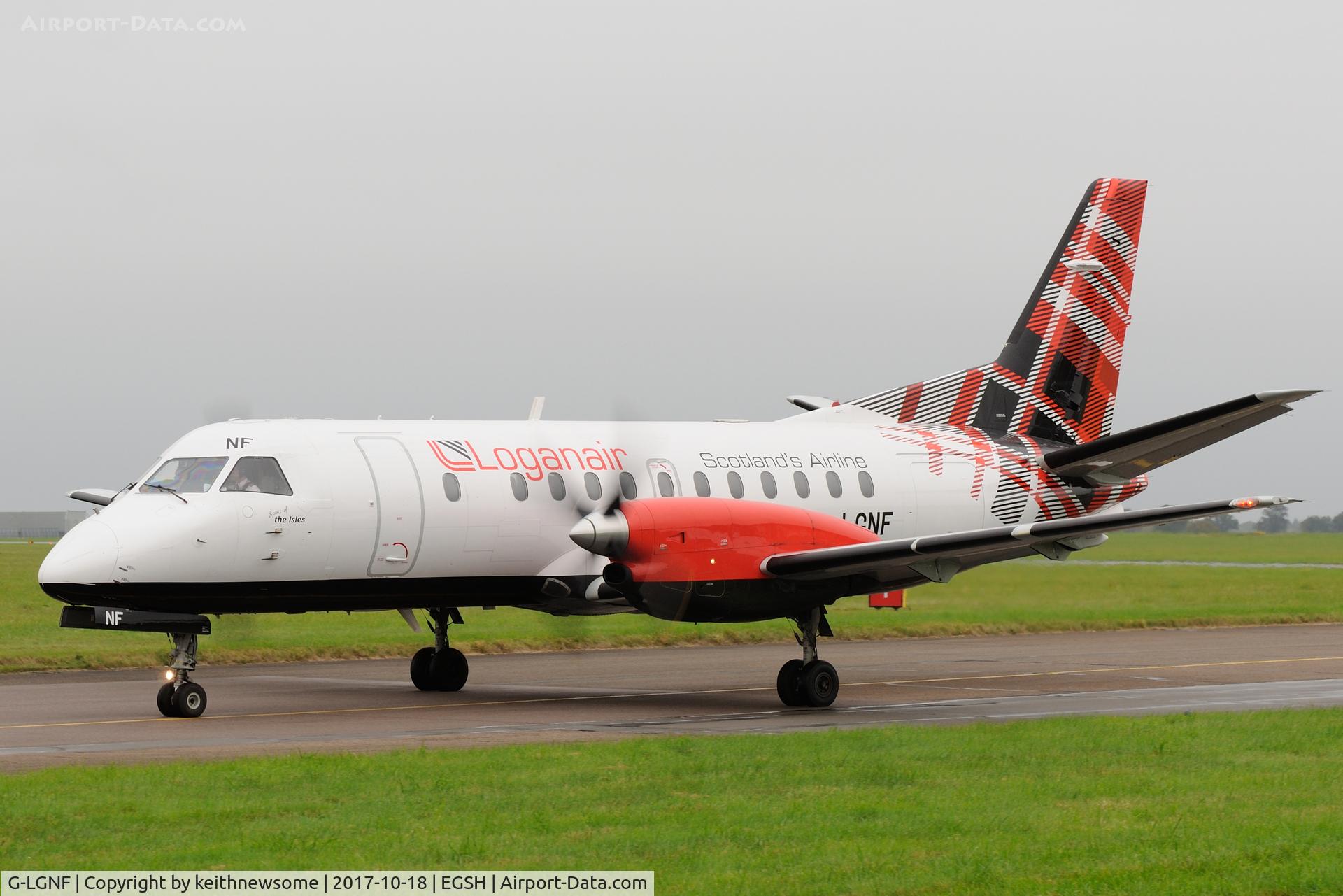G-LGNF, 1990 Saab SF340B C/N 340B-192, Leaving Norwich for Durham Tees Valley.