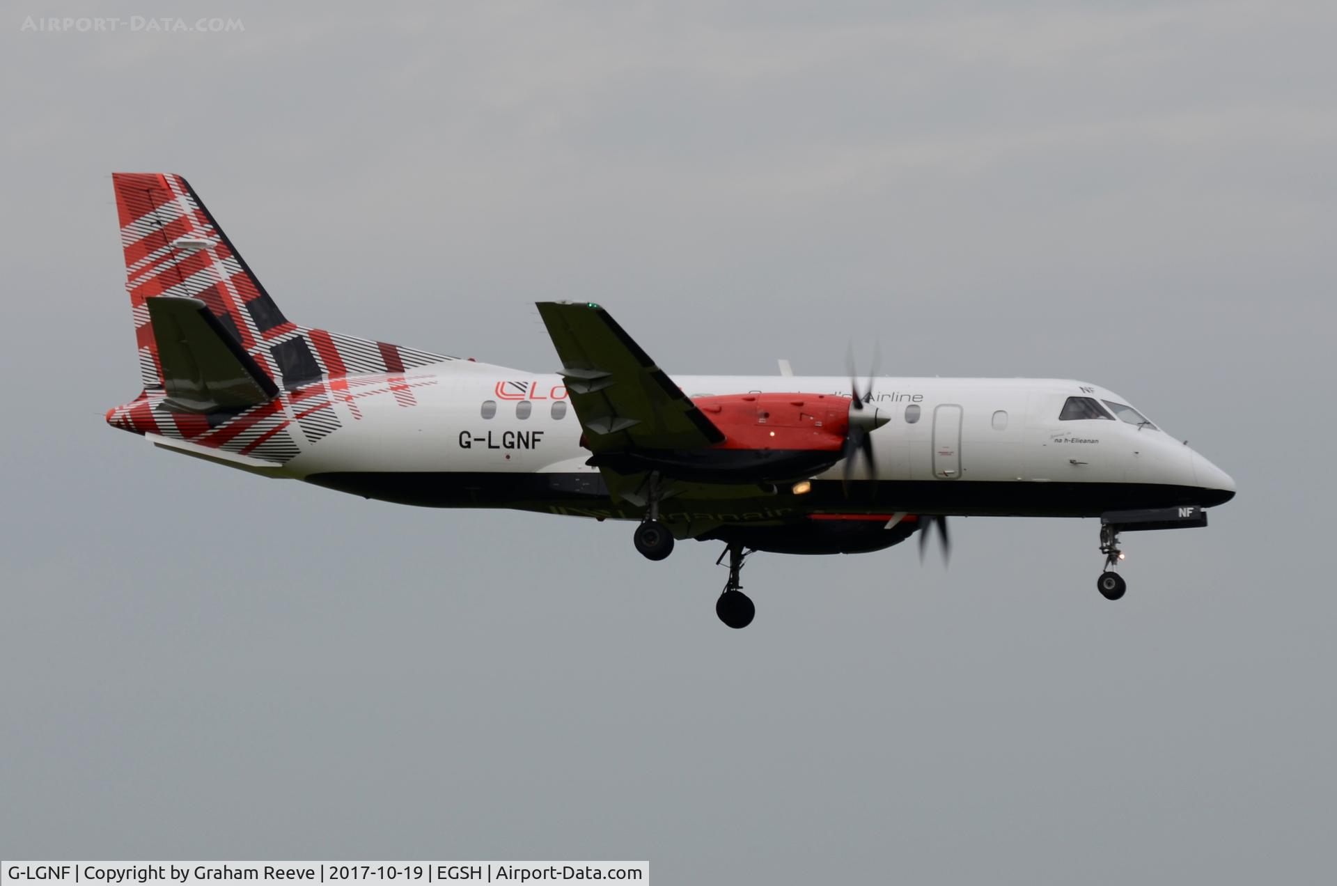 G-LGNF, 1990 Saab SF340B C/N 340B-192, Landing at Norwich.