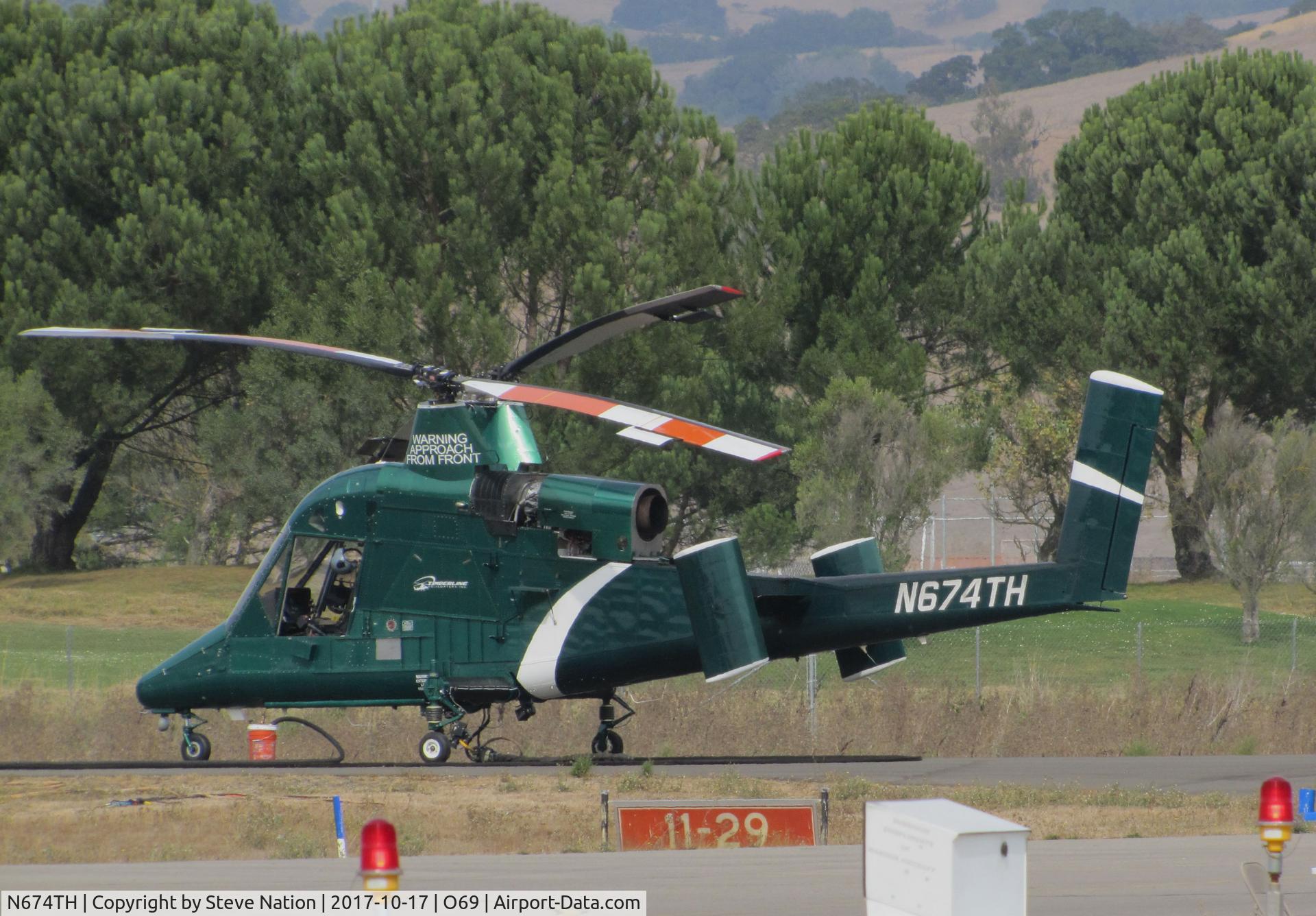 N674TH, 2004 Kaman K-1200 K-Max C/N A94-0035, Timberline Helicopters (Sand Point, ID) 2004 Kaman K-1200 K-MAX taking a break at Petaluma Municipal Airport, CA temporary home base after making water drops on the devastating October 2017 Northern California wild fires
