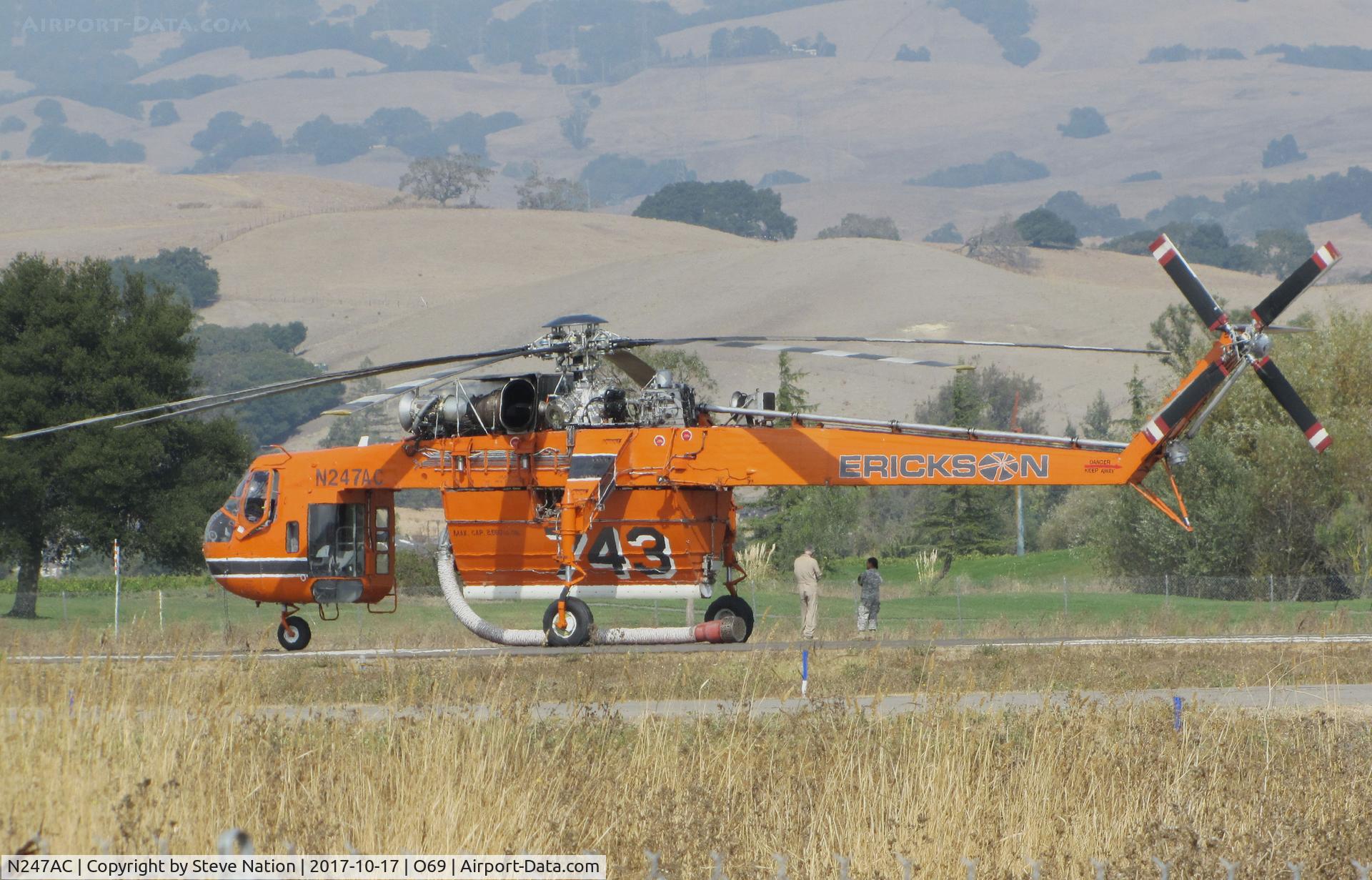 N247AC, 1968 Erickson S64E Skycrane C/N 64052, Erickson Air Crane (Central Point, OR) 1968 Sikorsky S-64E TANKER 743 resting at Petaluma Municipal Airport, CA temporary home base between water drops on the devastating October 2017 Northern California wildfires