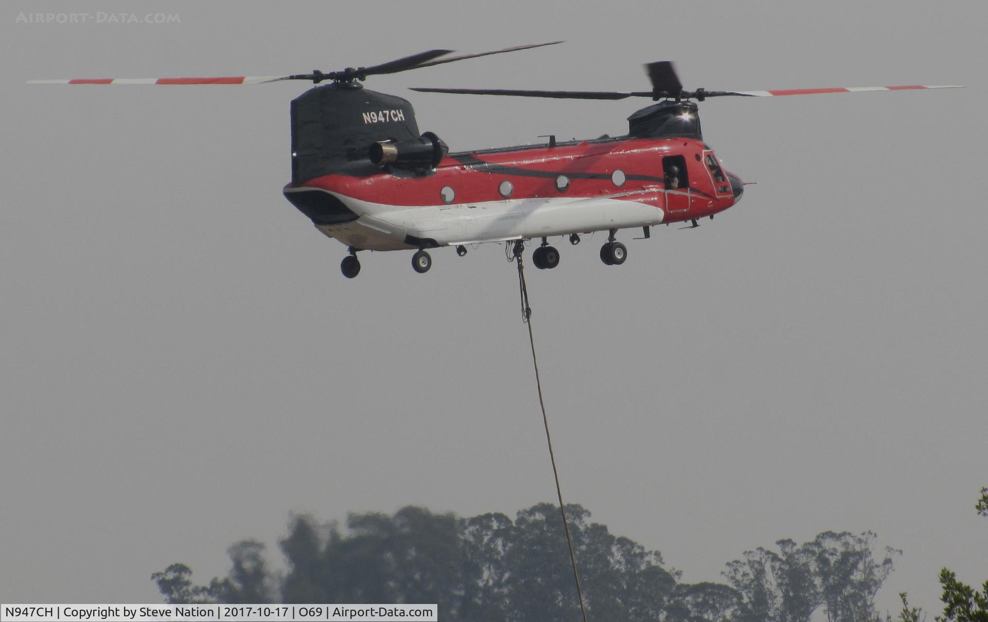 N947CH, 1970 Boeing CH-47D Chinook C/N M.3187 (B-667), Helifire Group LLC (Missoula, MT) 1986 Boeing CH-47D returning to Petaluma Municipal Airport, CA temporary home base after making water drops on the devastating October 2017 Northern California wildfires