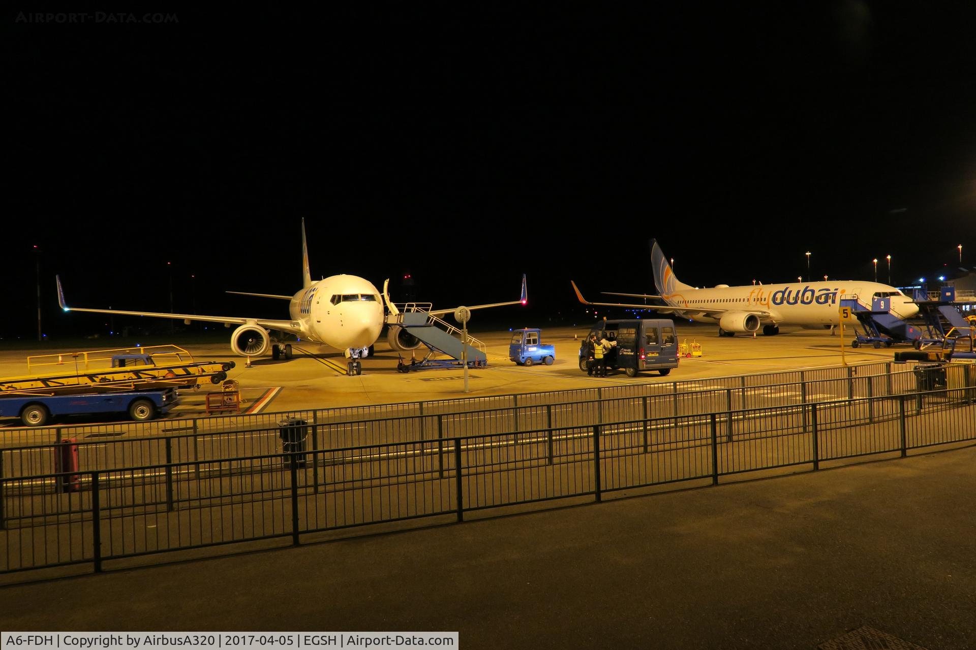 A6-FDH, 2010 Boeing 737-8KN C/N 31716, Norwich plays host to Fly Dubai earlier this year when 5 came through at the end of lease with Fly Dubai
Here we see A6-FDH & A6-FDI parked on the stand shortly after arriving