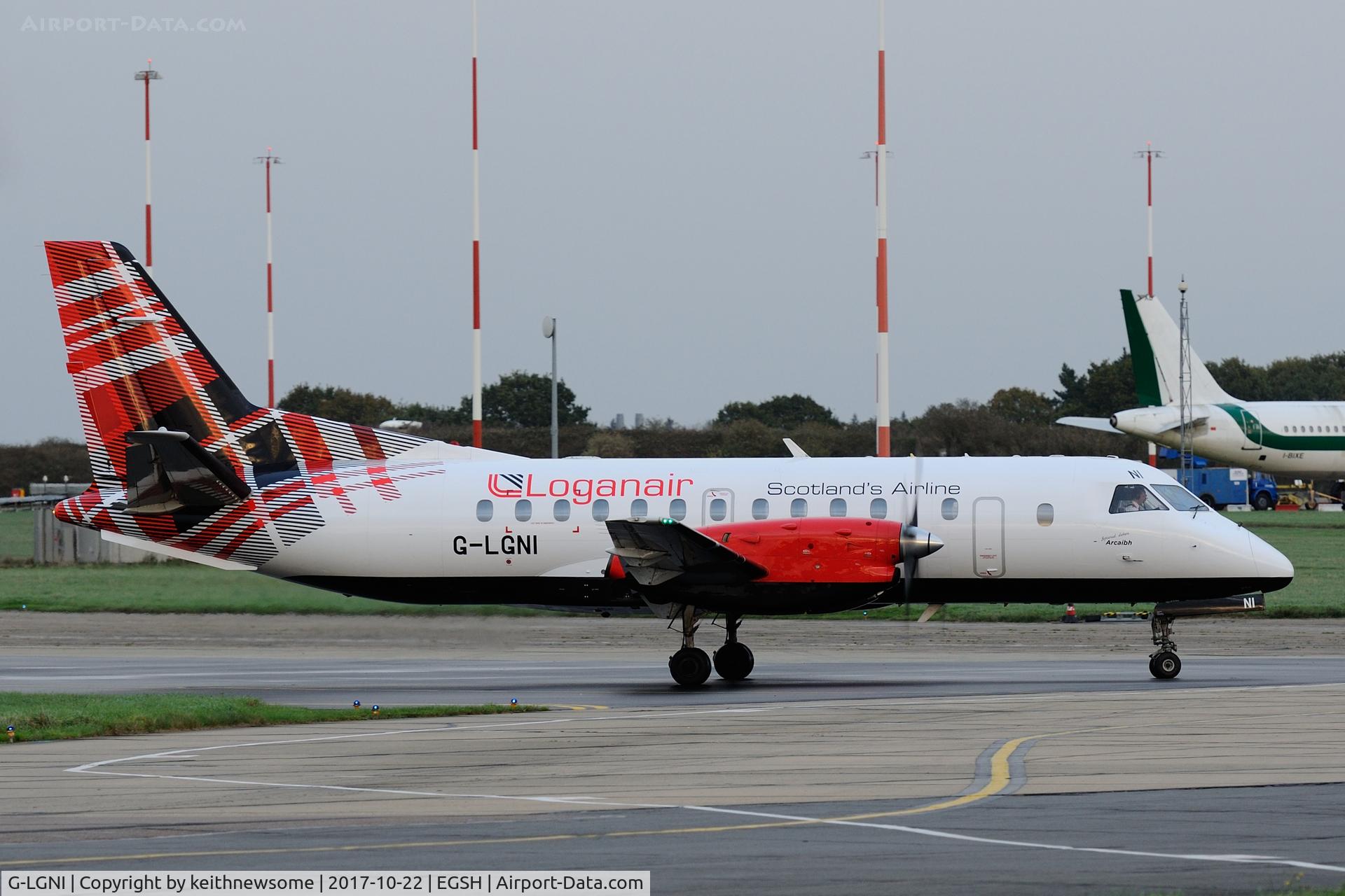 G-LGNI, 1989 Saab 340B C/N 340B-160, First visit to Norwich with tartan colour scheme.