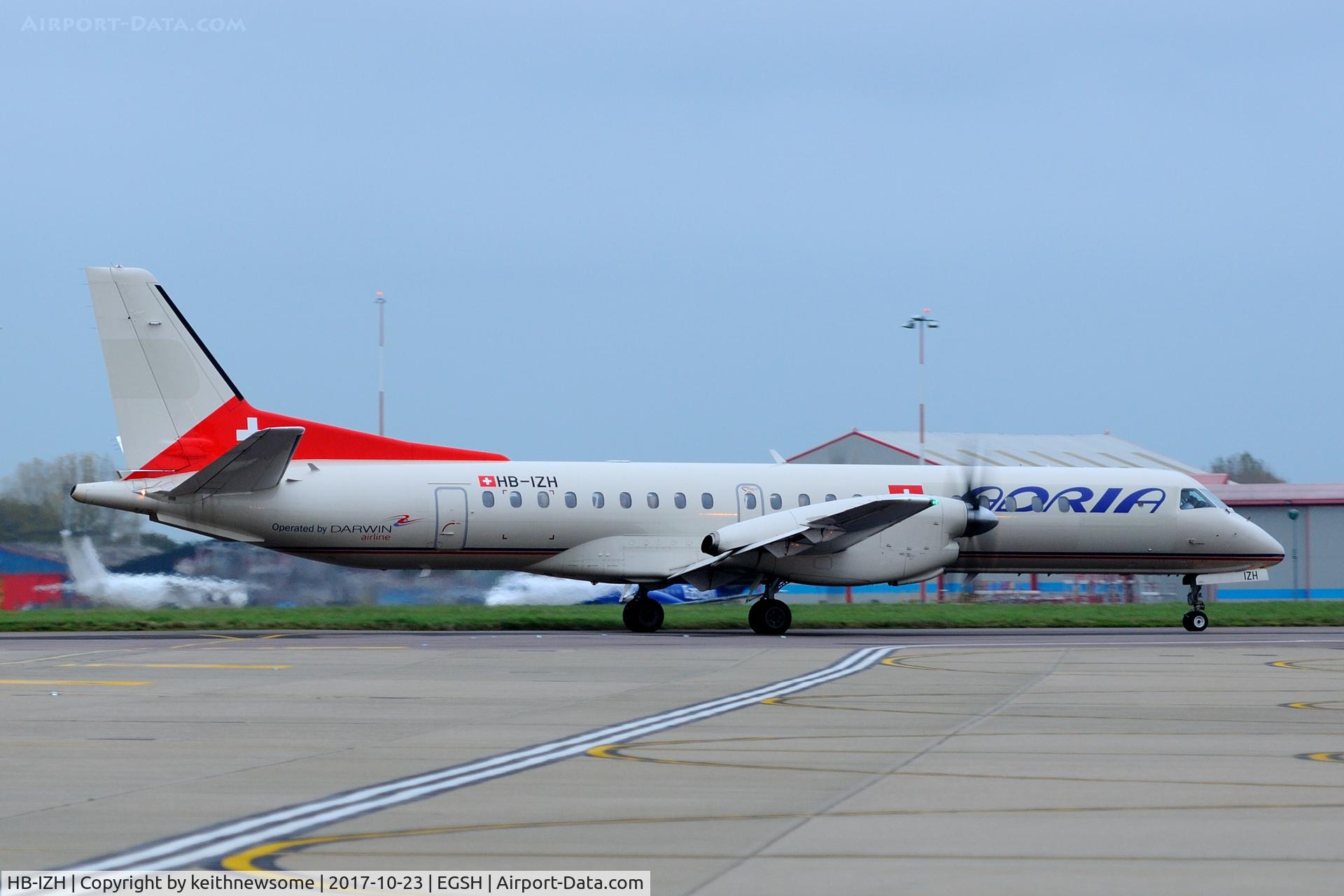 HB-IZH, 1994 Saab 2000 C/N 2000-011, Arriving at Norwich from Aberdeen.