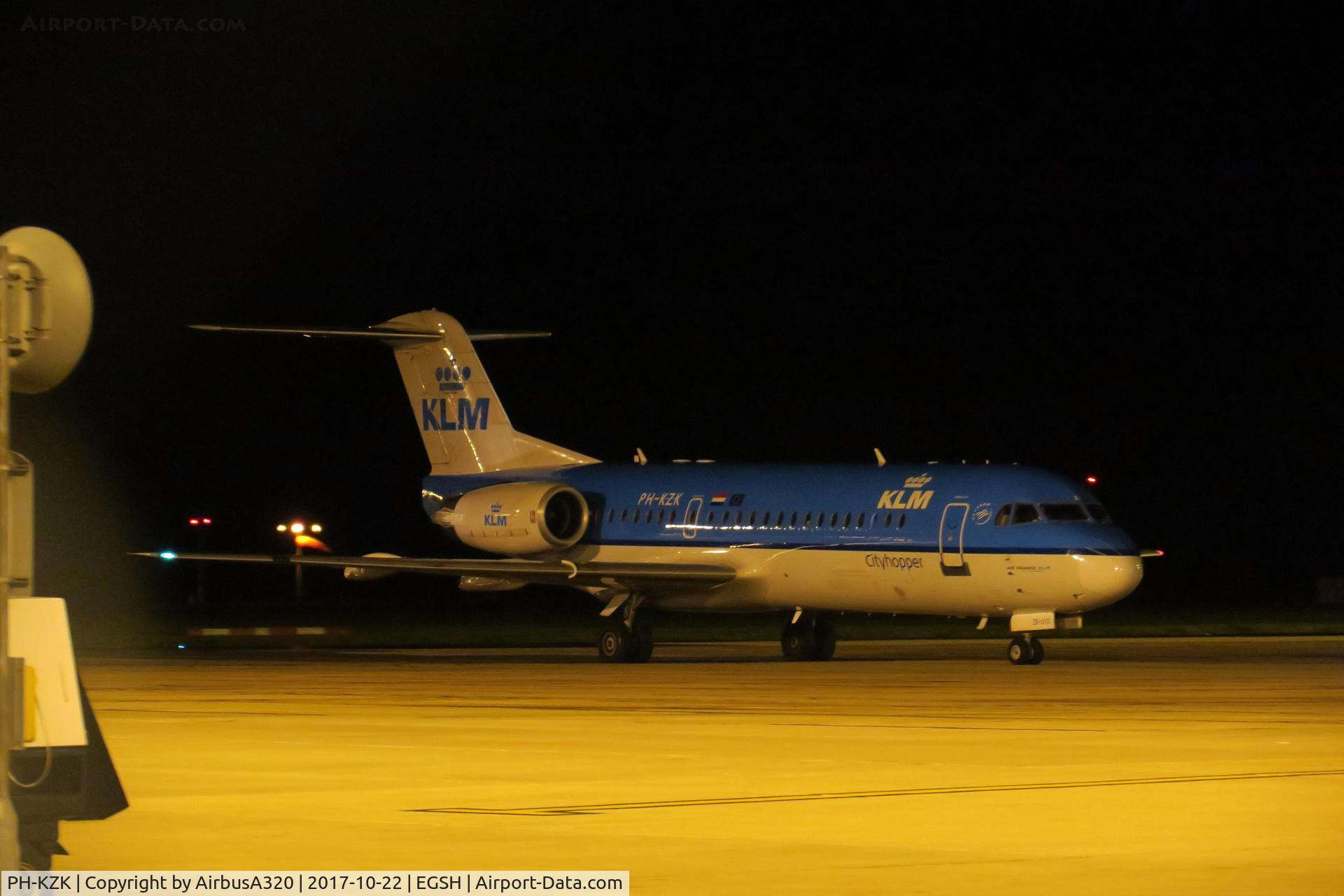 PH-KZK, 1997 Fokker 70 (F-28-0070) C/N 11581, Arriving on the last flight from Amsterdam for the day, this time next week the Fokkers night stopping at Norwich cease as there are to cease with the 70s