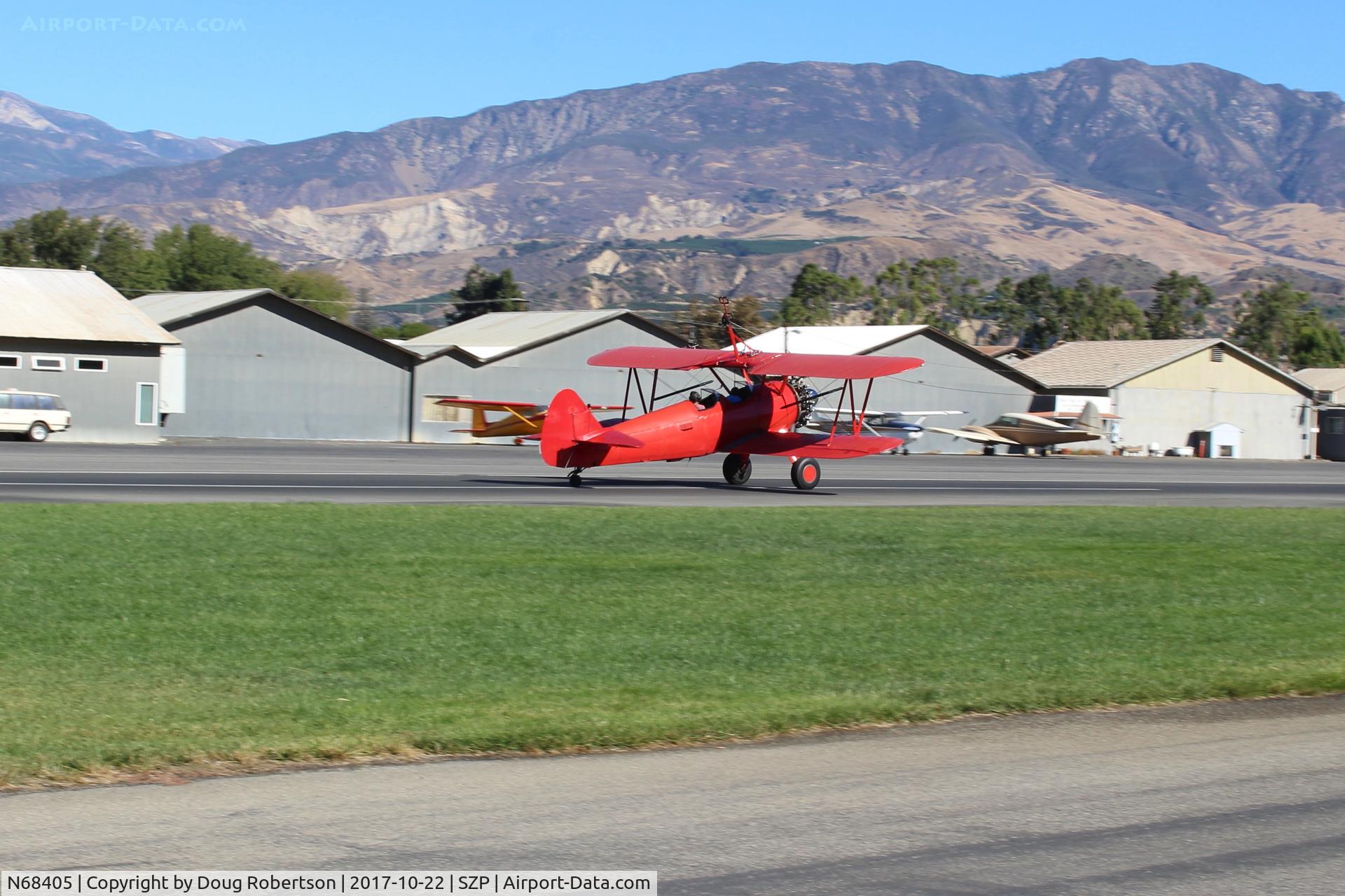 N68405, 1943 Boeing A75N1(PT17) C/N 75-7759, 1943 Boeing Stearman A75N1 (PT-17), P&W R985 WASP Jr. 450 Hp radial upgrade, landing roll Rwy 04