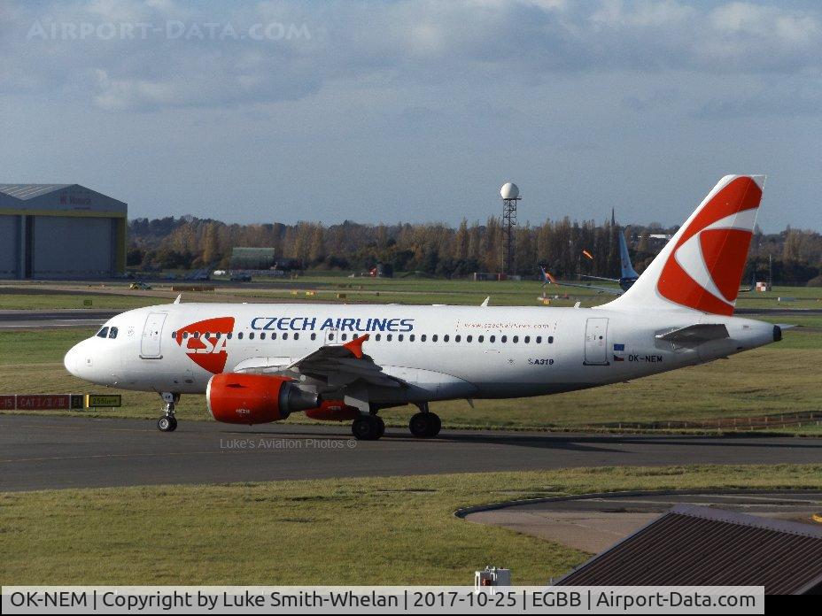 OK-NEM, 2008 Airbus A319-112 C/N 3406, Awaiting departure from Birmingham Airport.
