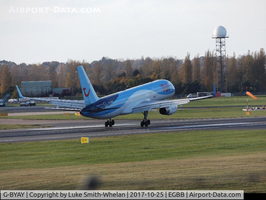 G-BYAY, 1999 Boeing 757-204 C/N 28836, Just touched down at Birmingham Airport.
